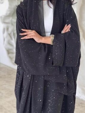 Sparkling 4-Piece Abaya Set Black Open Abaya + Inner Dress + Belt + Hijab